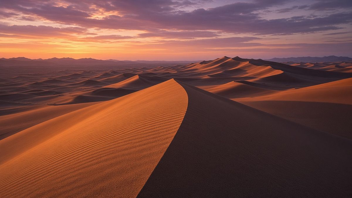 Curving sand dune ridges in the desert at dusk