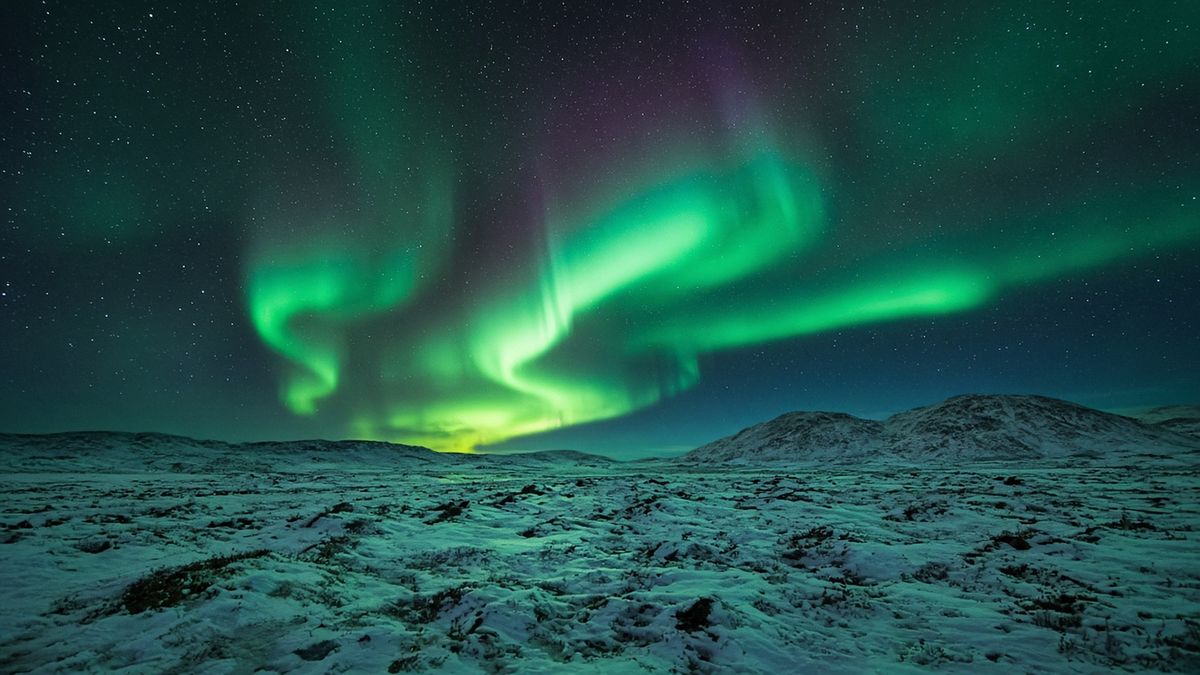 Green northern lights over snowy arctic tundra at night