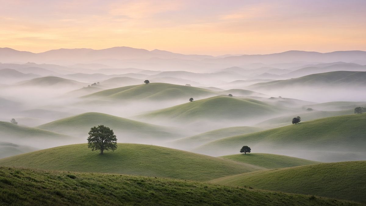 Rolling green hills layered in morning fog at sunrise