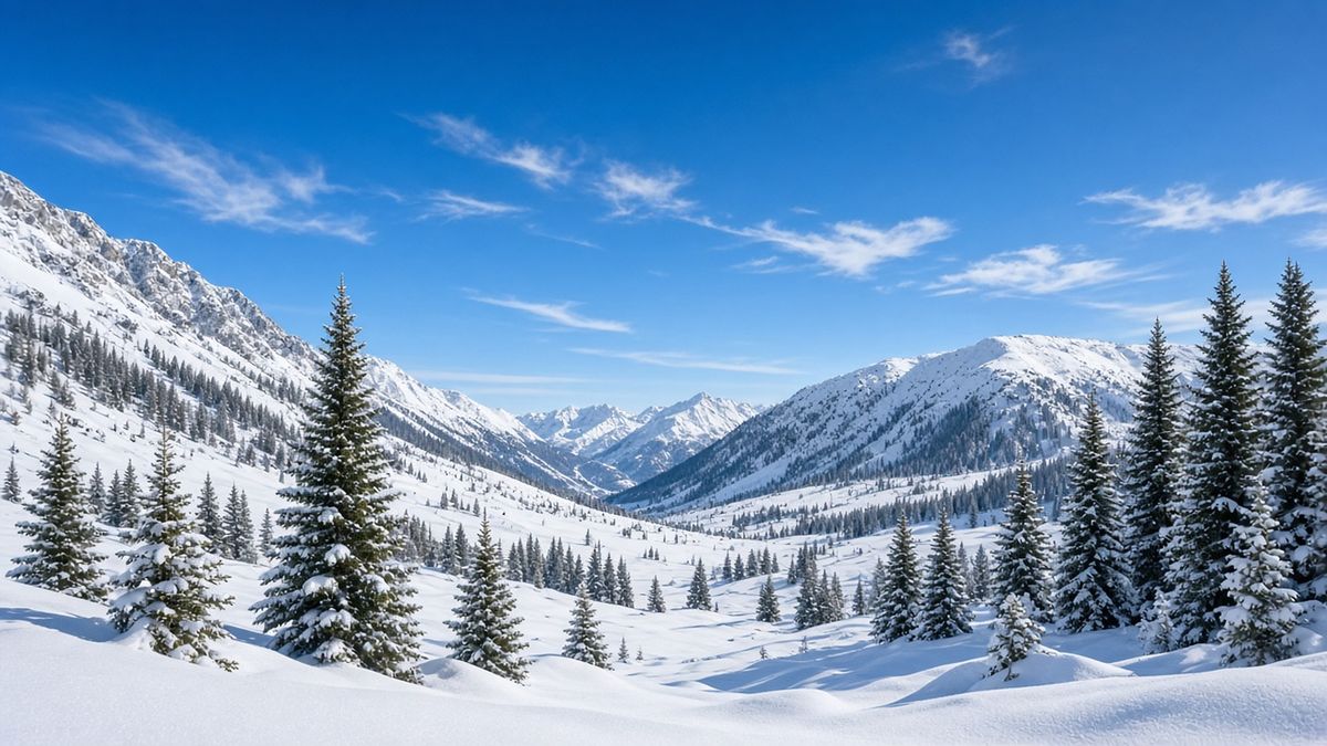 Snowy mountain valley with frosted spruce trees under a blue sky