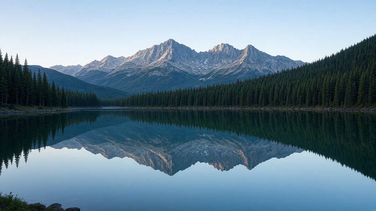 Mountain peaks reflected in a calm forest lake