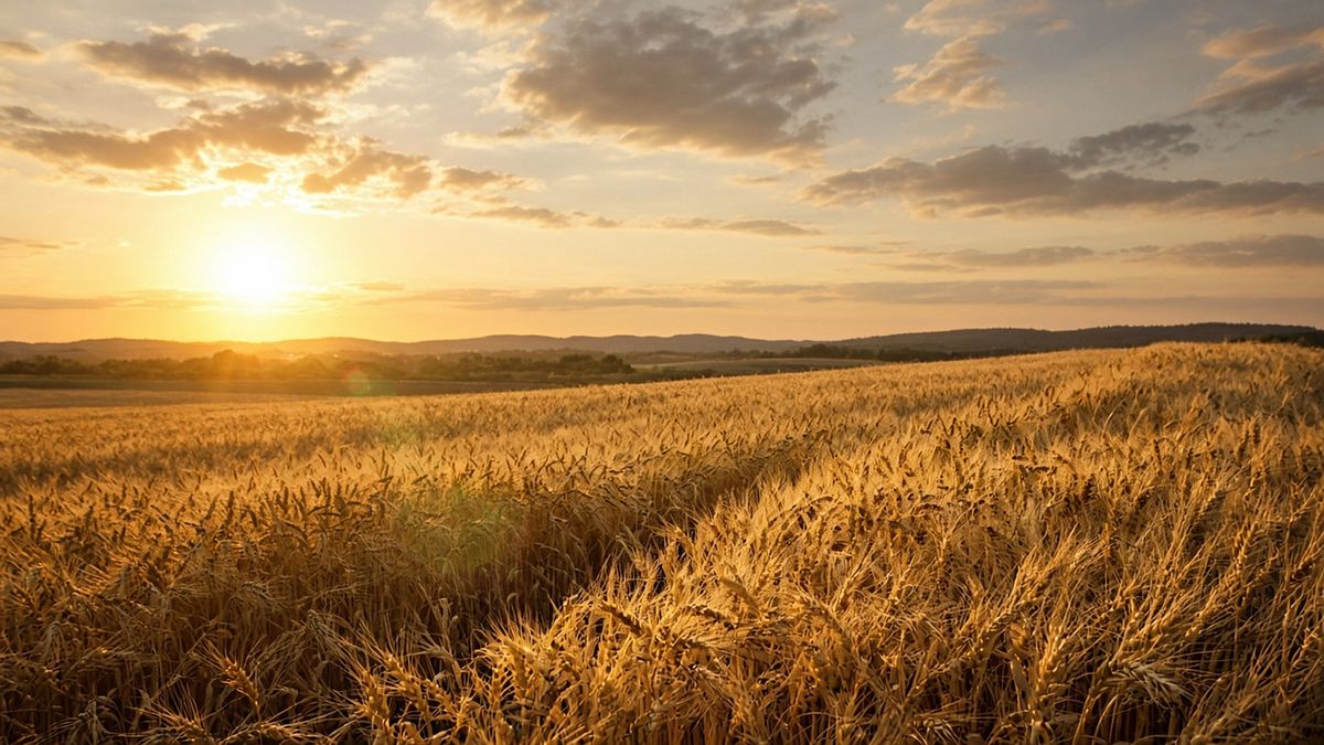 Ripe golden wheat field at sunset in warm light